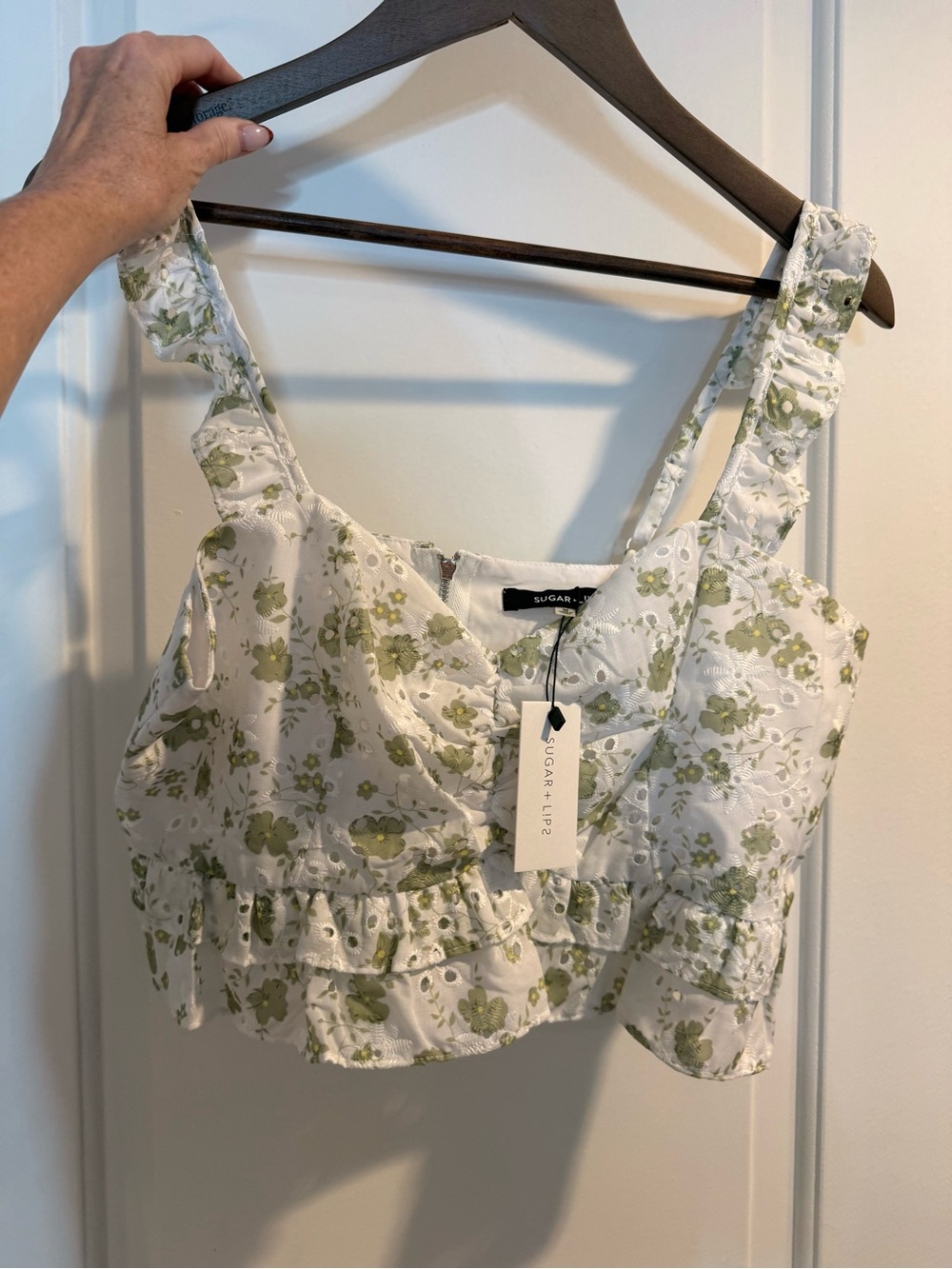 NWT Sugarlips White Eyelet Crop Top with Green Floral Print